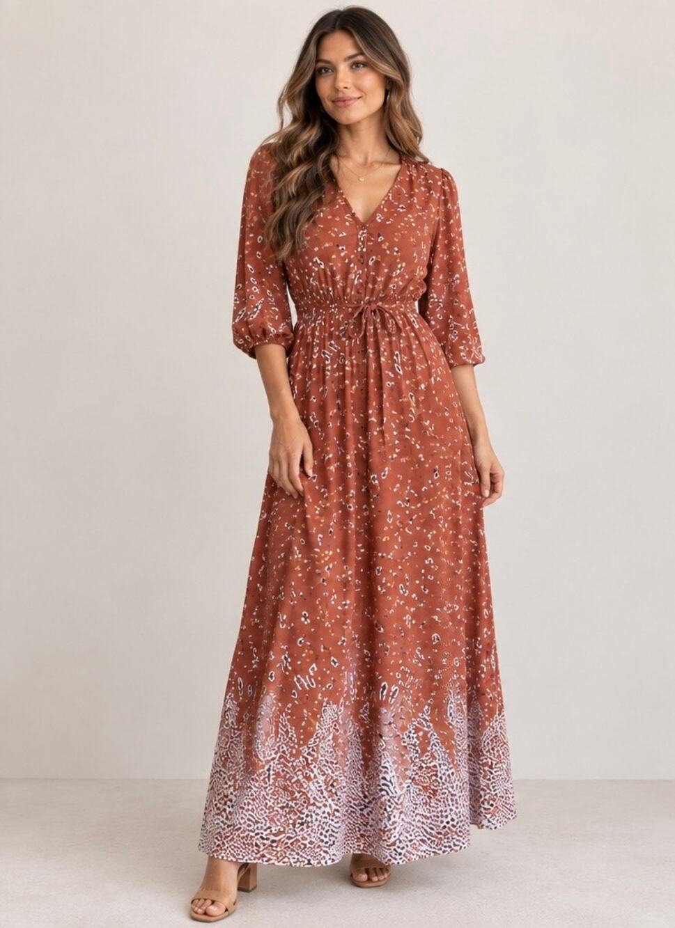 See U Soon Anthropologie Rust Floral Boho Maxi Dress NWT Size Small